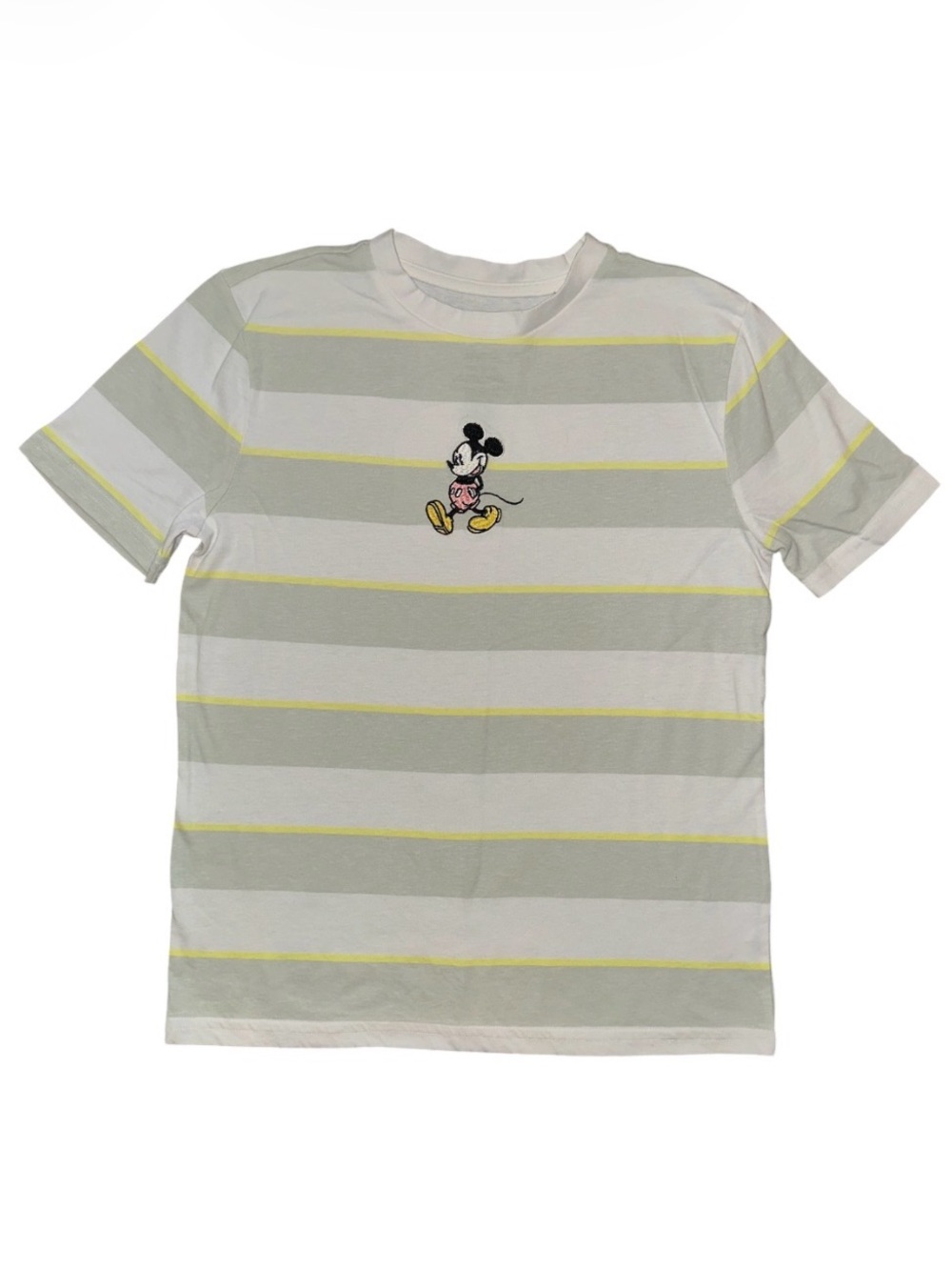 DISNEY Kids Striped Tee with Mickey Embroidery - White, Light Gray & Yellow